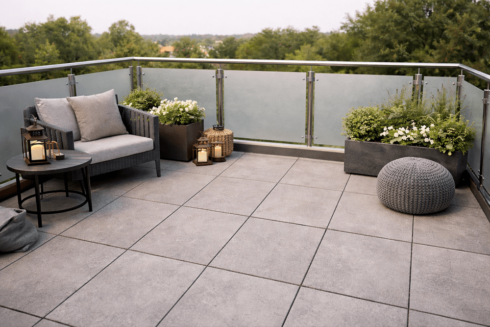 Balkon mit hellen Feinsteinplatten und Sitzgruppe