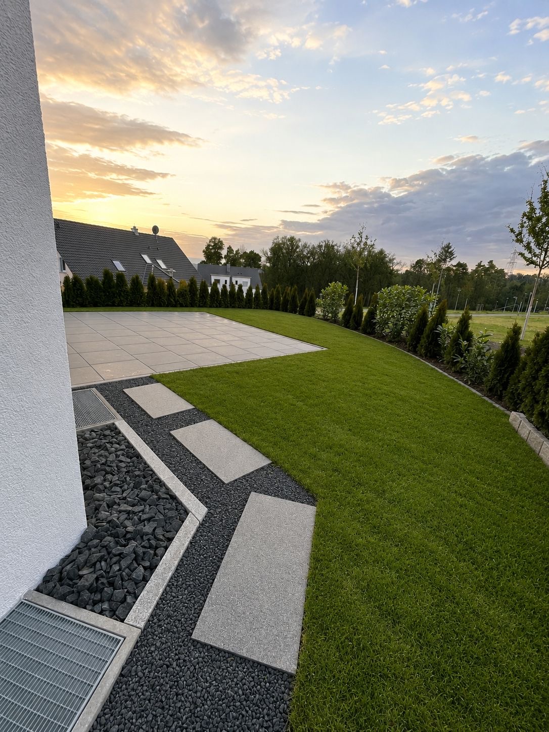 Neu angelegter Garten mit sattem Rasen, Plattenweg, Zierkies und Terrasse im Abendlicht