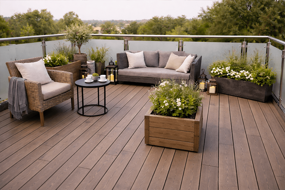 Balkon mit hochwertigem Holz-/WPC-Belag und Blick ins Grüne
