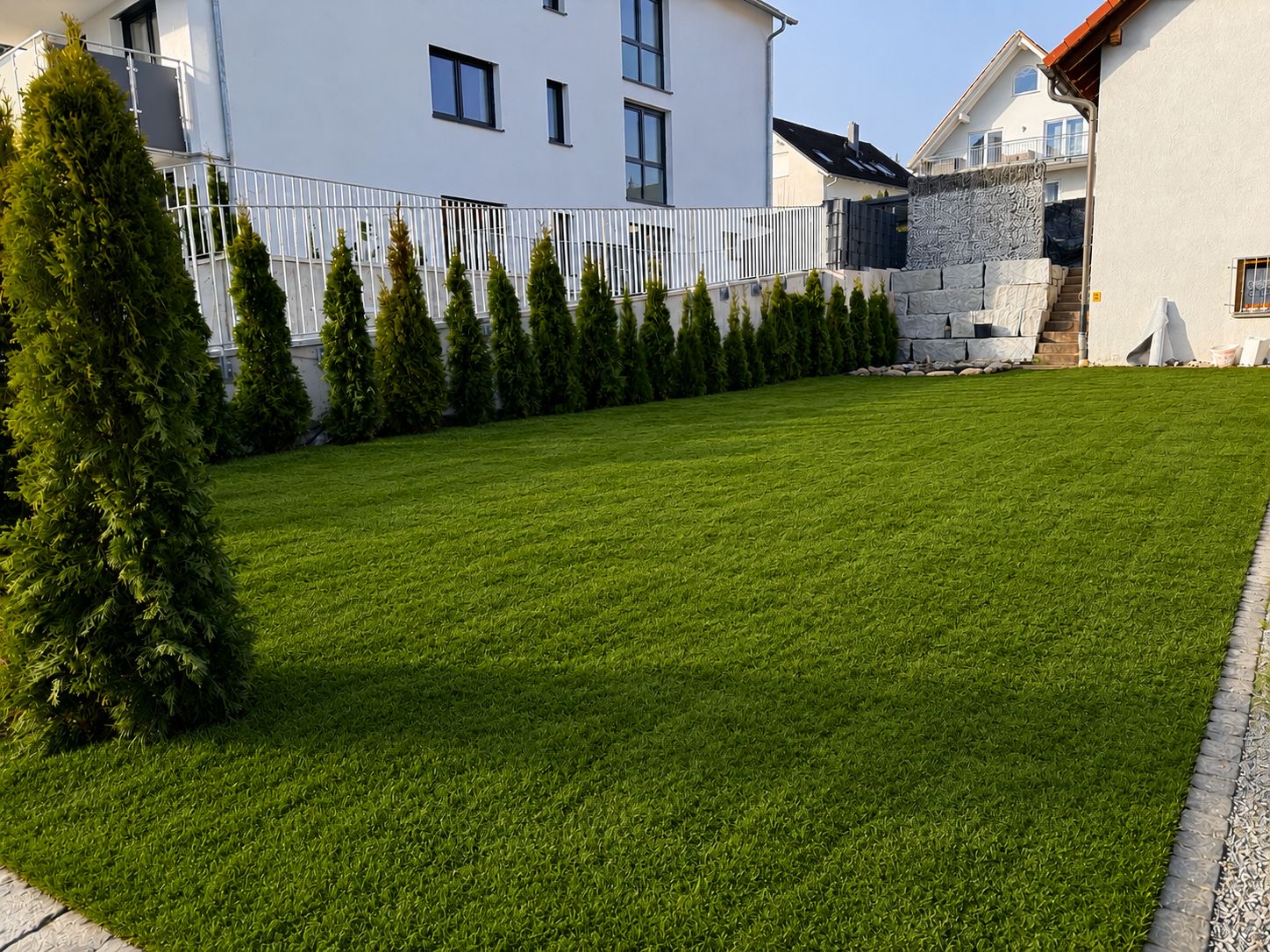 Gepflegter Rasen mit frisch geschnittener Thujahecke und Natursteinmauer